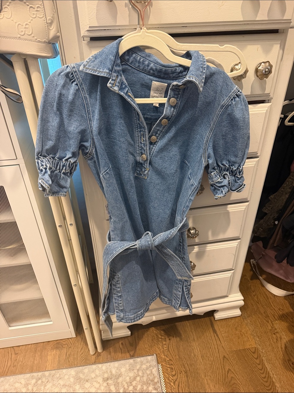 cinq a sept Light Blue Denim Mini Dress with Puff Sleeves